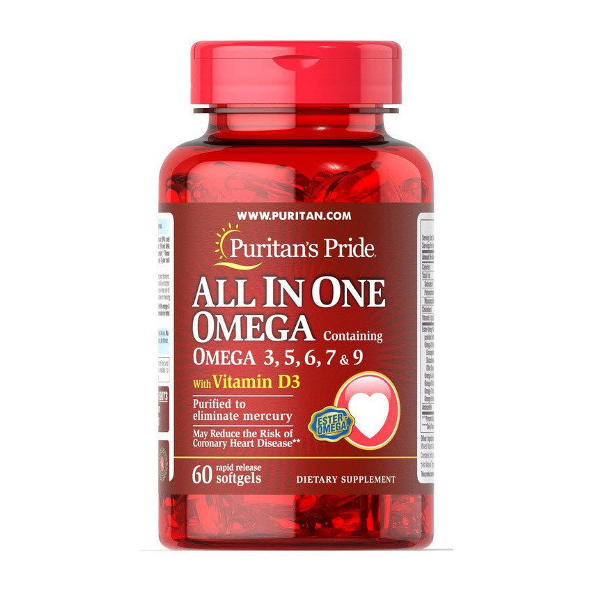 All In One Omega 3,5,6,7 & 9 with Vitamin D3 (60капс.) Puritan's Pride
