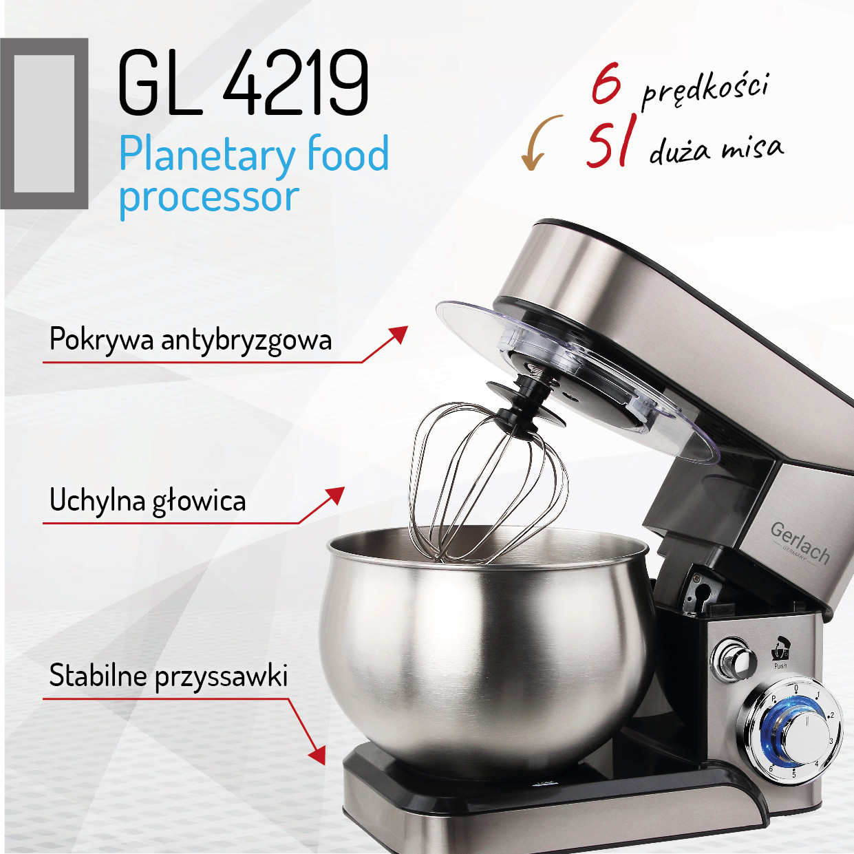 Планетарний міксер - тістоміс Gerlach GL 4219 потужністю 1800 Вт із чашею на 5 літрів виробництво Німеччина