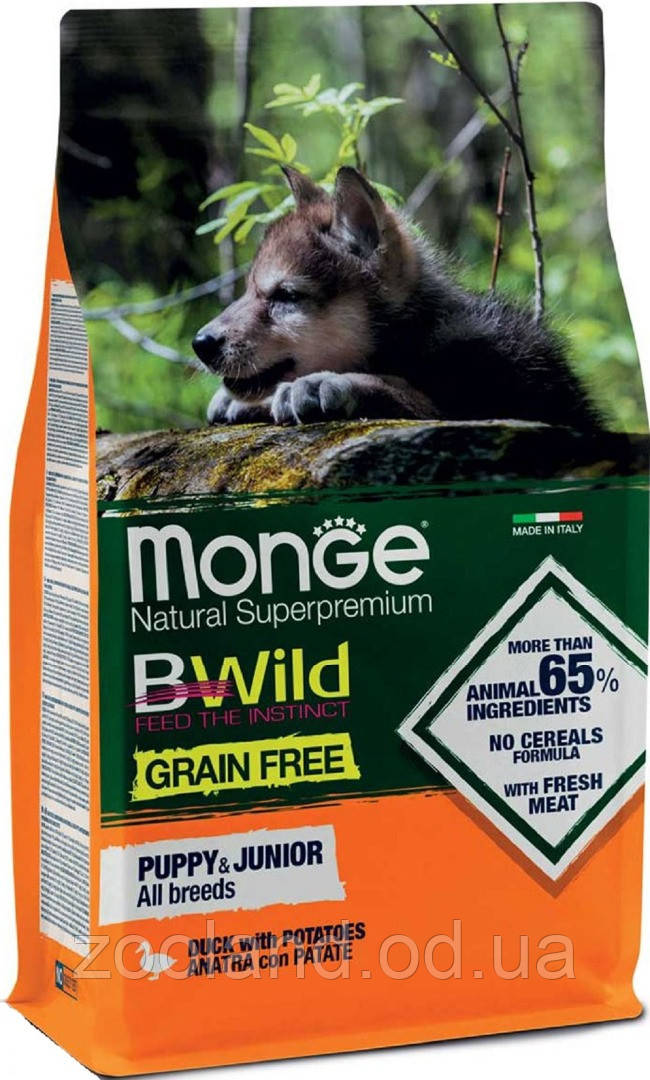 70004787 Monge BWild Grain Free All Breeds Puppy & Junior з качкою, 2,5 кг