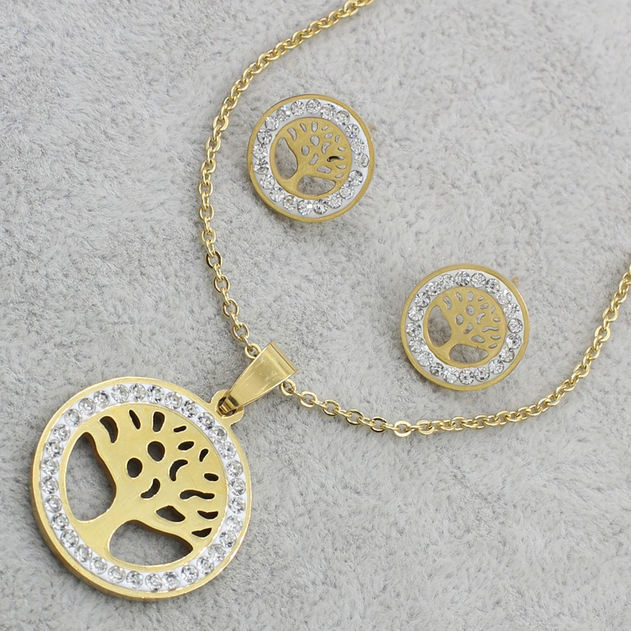Комплект кольє та сережки жіночий із неіржавкої сталі Stainless Steel Дерево Життєві золотистий 50 см