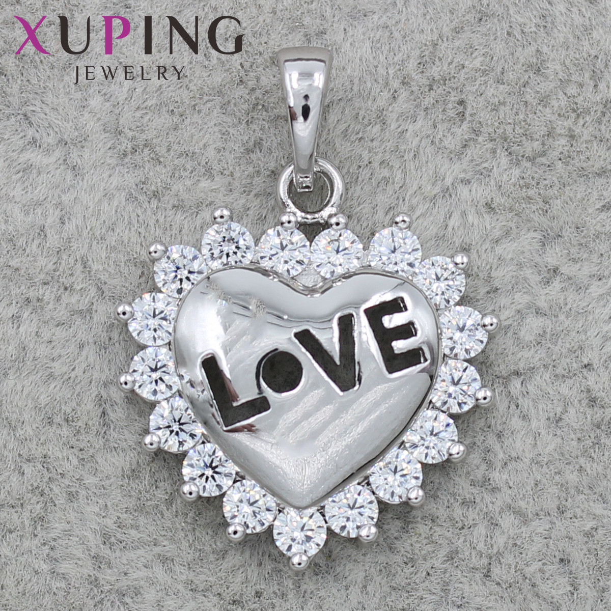 Кулон жіночий Xuping Jewelry сріблястого кольору серце з написом love в стразах розмір виробу 20 х 22 мм