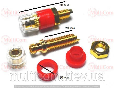 01-04-057RD. Гніздо акустичне "Banan" монтажне 4мм, gold pin, діам.-13мм, довжина-32мм, червона вставка