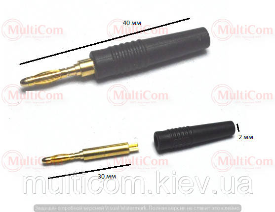 01-04-033BK. Штекер акустичний "Banan" 2мм під кабель, gold pin, корпус пластик, чорний