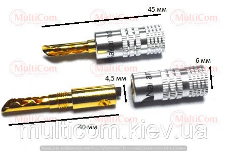 01-04-001BK. Штекер акустичний "Banan" 4мм під кабель, корпус метал, Nakamichi, сірий, чорна смуга