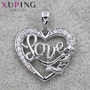 Кулон жіночий Xuping Jewelry сріблястого кольору сердочко з написом love з фіанітами розмір виробки 20 х 22 мм