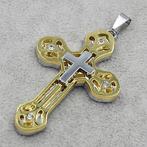 Хрестик сріблястий із золотом із медичної неіржавкої сталі 316L від Stainless Steel розмір 60 х 35 мм