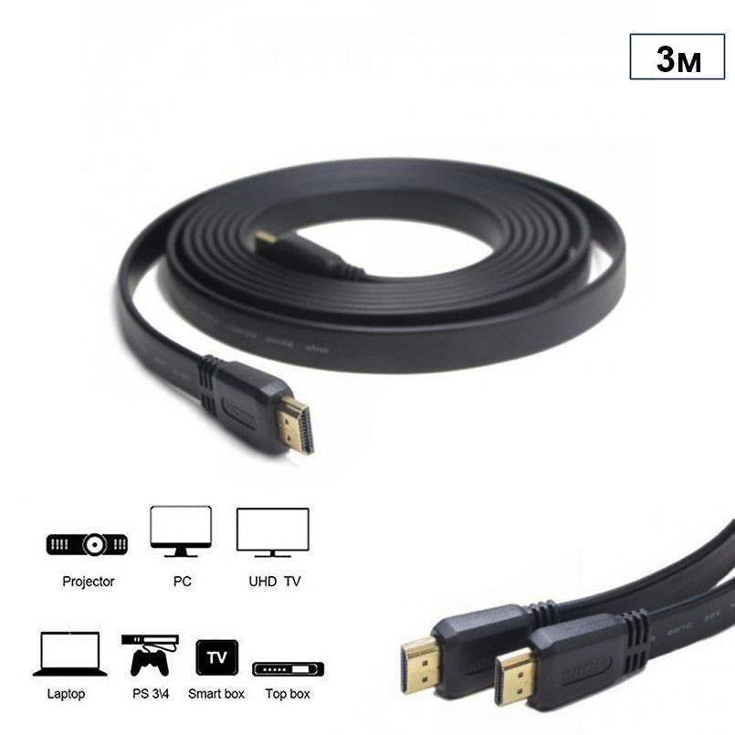 Кабель HDMI v1.4, 4K UHD плоский, 3 м Чорний