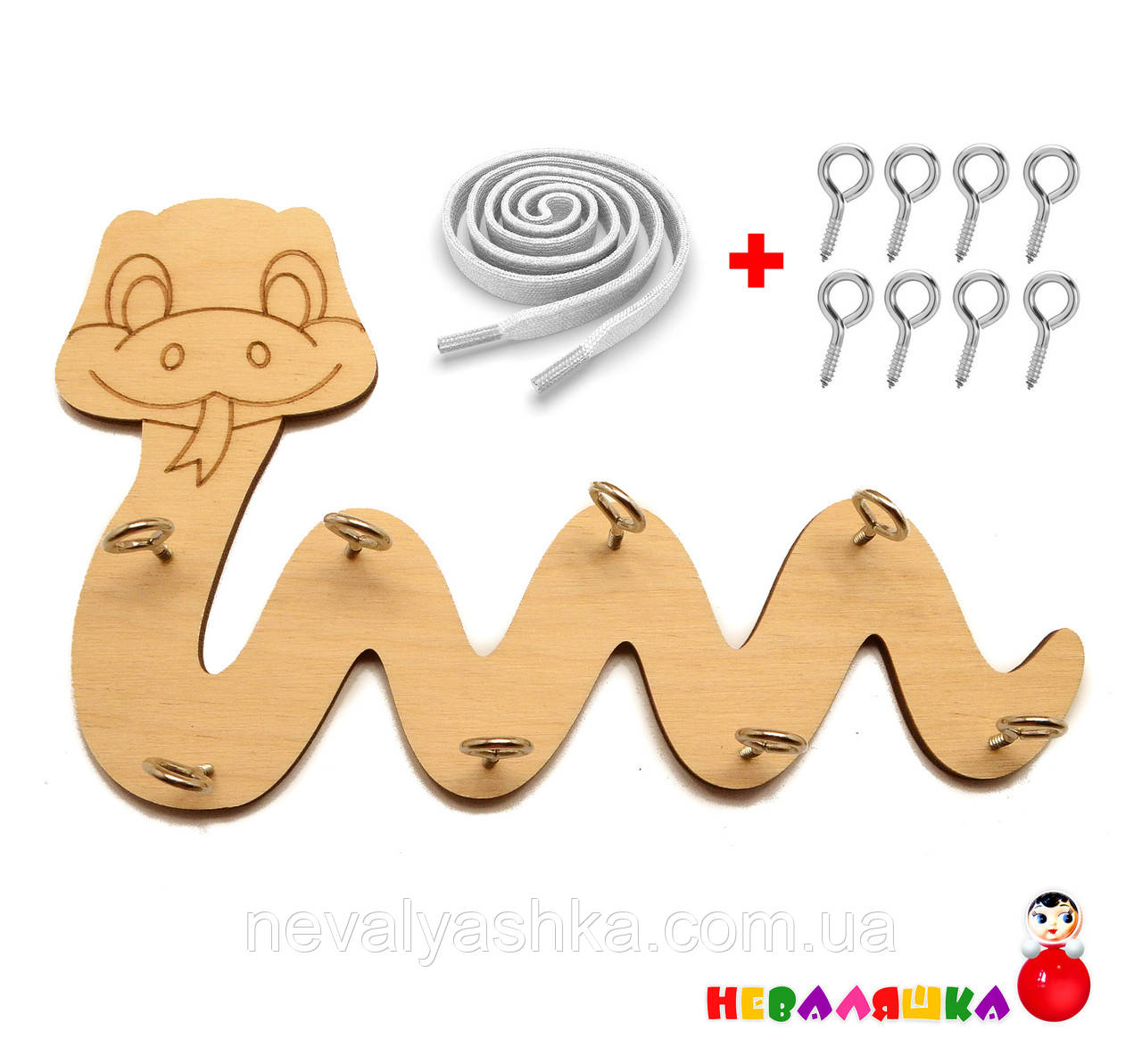 Заготівля для Бизиборда Змія Велика + ШНУРОК і ГАЧКИ Змійка під Шнурівку 17х10 см, фото 1