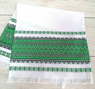 Тканий лляний рушник Волинські візерунки з зеленым орнаментом 68 см