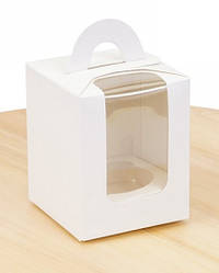 Коробка для капкейків біла з вікном, на 1 шт. мілований картон Біла з ручками
