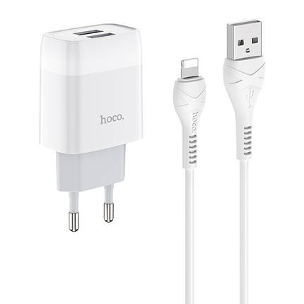 Сетевое зарядное устройство Hoco C73A 2 USB 2.4A Lightning белое, фото 2