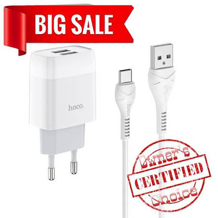 Сетевое зарядное устройство Hoco C73A 2 USB 2.4A Lightning белое, фото 2
