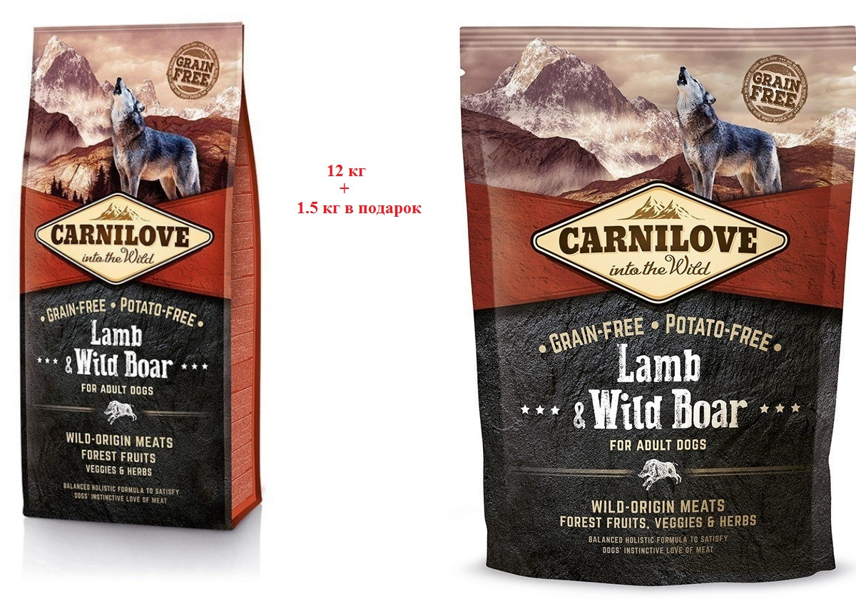 АКЦІЯ!!! Сухий корм Carnilove Dog Adult Lamb & Wild Boar (ягня+дикий кабан) 12 кг + 1.5 кг в подарунок