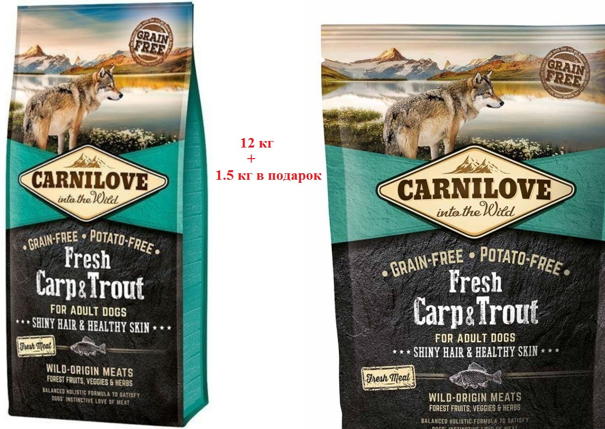 АКЦІЯ!!! Сухий корм Carnilove Dog Adult Fresh Carp & Trout (короп+форель) 12 кг + 1.5 до в подарунок