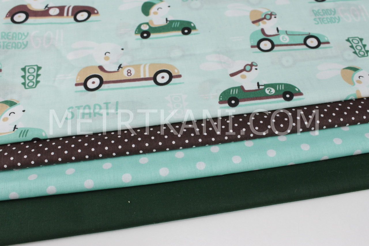 Набір тканин 40*40 з 4 шт. "Кролики-перегонники" на м'ятному NoНБ-57, фото 1