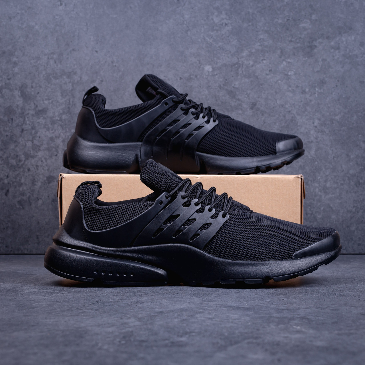 Спортивні чоловічі кросівки для бігу текстильні м'які стиль Найк престо бігові повсякденні чорні