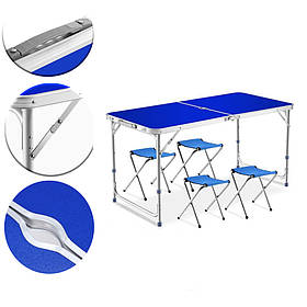 Туристичний складаний столик валізу і стільці синій для пікніка туризму стіл з отвором для парасольки