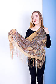 Хустка жіночий шифоновий з бахромою і турецьким орнаментом колір бежевий 100 х 100 см