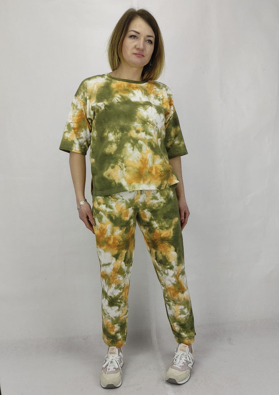 Жіночий спортивний костюм весна літо з прінтом тай-дай хакі S, M, L, XL, XXL, фото 1
