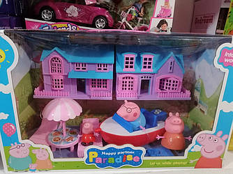 Ігровий набір Свинки Пеппи Peppa Pig 4 персонажі, будиночок, 2 шезлонга, парасолька, столик і моторний човен.