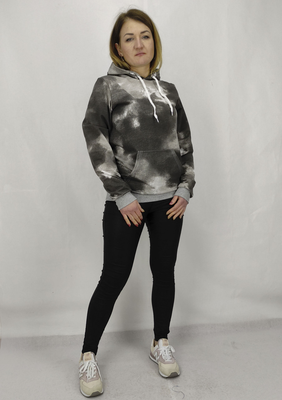 Жіноча спортива кофта весна літо з капюшоном прінт тай-дай сірий S, M, L, XL, XXL