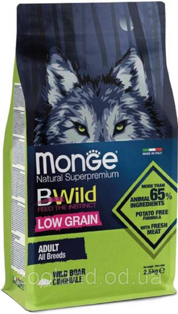 70011990 Monge BWild Low Grain All Breds Adult з м'ясом дикого кабана, 2,5 кг