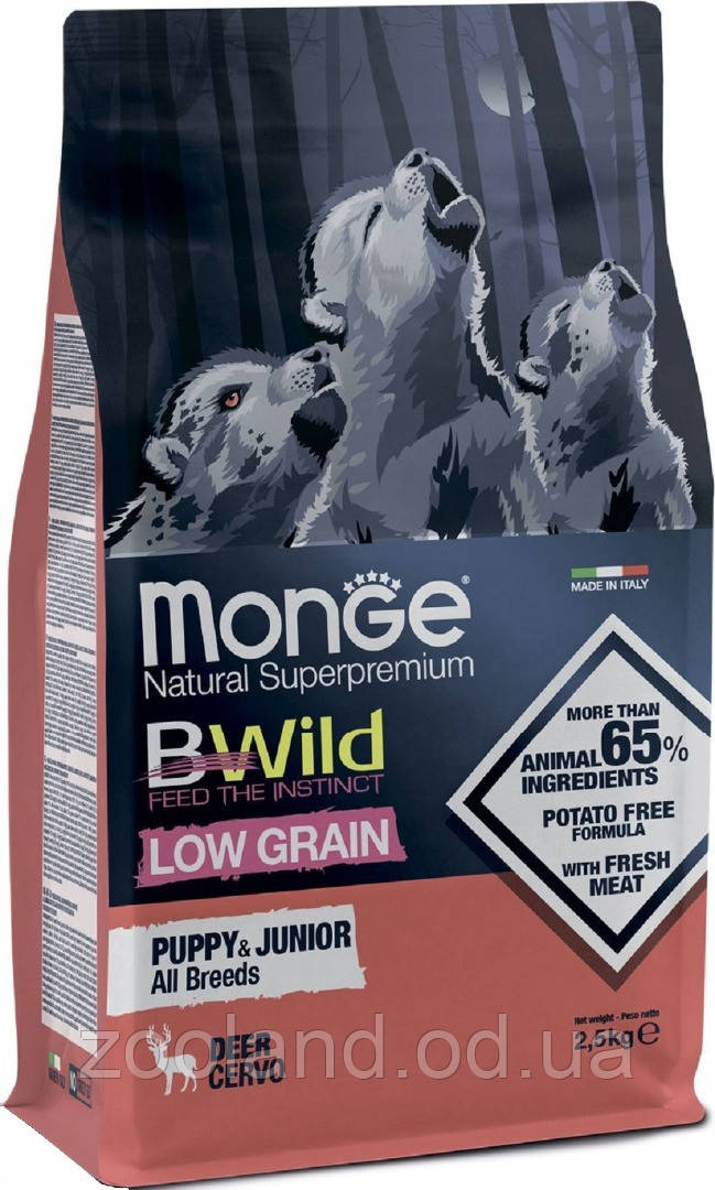 70056014 Monge BWild Low Grain All Breeds Puppy & Junior з оленями, 15 кг