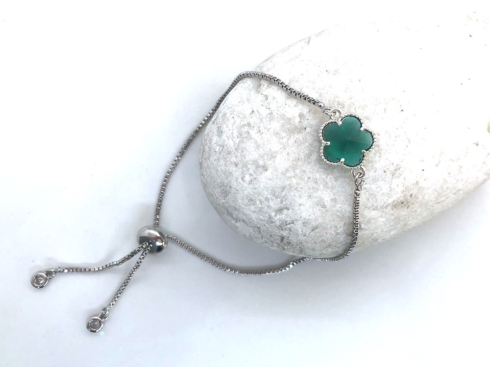 Легкий браслет Квітка смарагд на ланцюжку, платина, фото 1