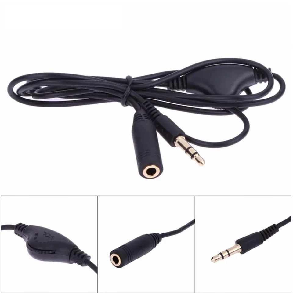 Аудіо кабель, подовжувач з регулятором гучності, 3.5 мм джек, тато-мама(чорний) 1 метр