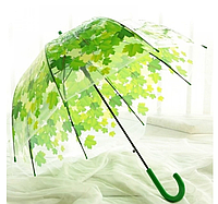 Прозрачный зонт-трость c куполом грибком и кленовыми листьями зеленый