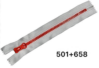Блискавка Біла з червоним зубом 18см №5 тракторна кишенькова
