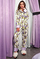 Женская шелковая пижама с брюками и блузкой с принтом (Бель jd) Молочный