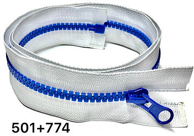 Блискавка Біла з синім зубом 100см №5 тракторна роз'ємна з одним бігунком