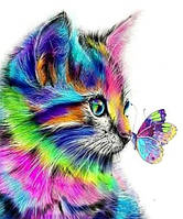 Картина для рисования по номерам, радужный котик с бабочкой 40х50 см