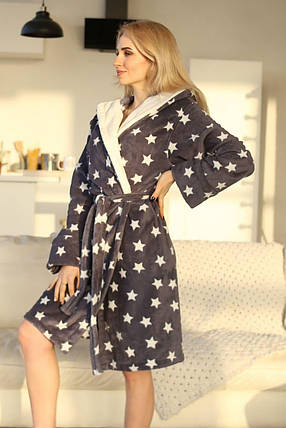 Теплий короткий махровий халат із зірками сірий, фото 1