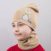 Детская шапка с хомутом КАНТА "Кошка" размер 52-56 беж (OC-980)