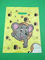 Пакет банан поліетиленовий з прорізною ручкою(30*37+3)Мишка в сирі Леомі(50 шт)Пакет з вирубною ручкою та малюнком