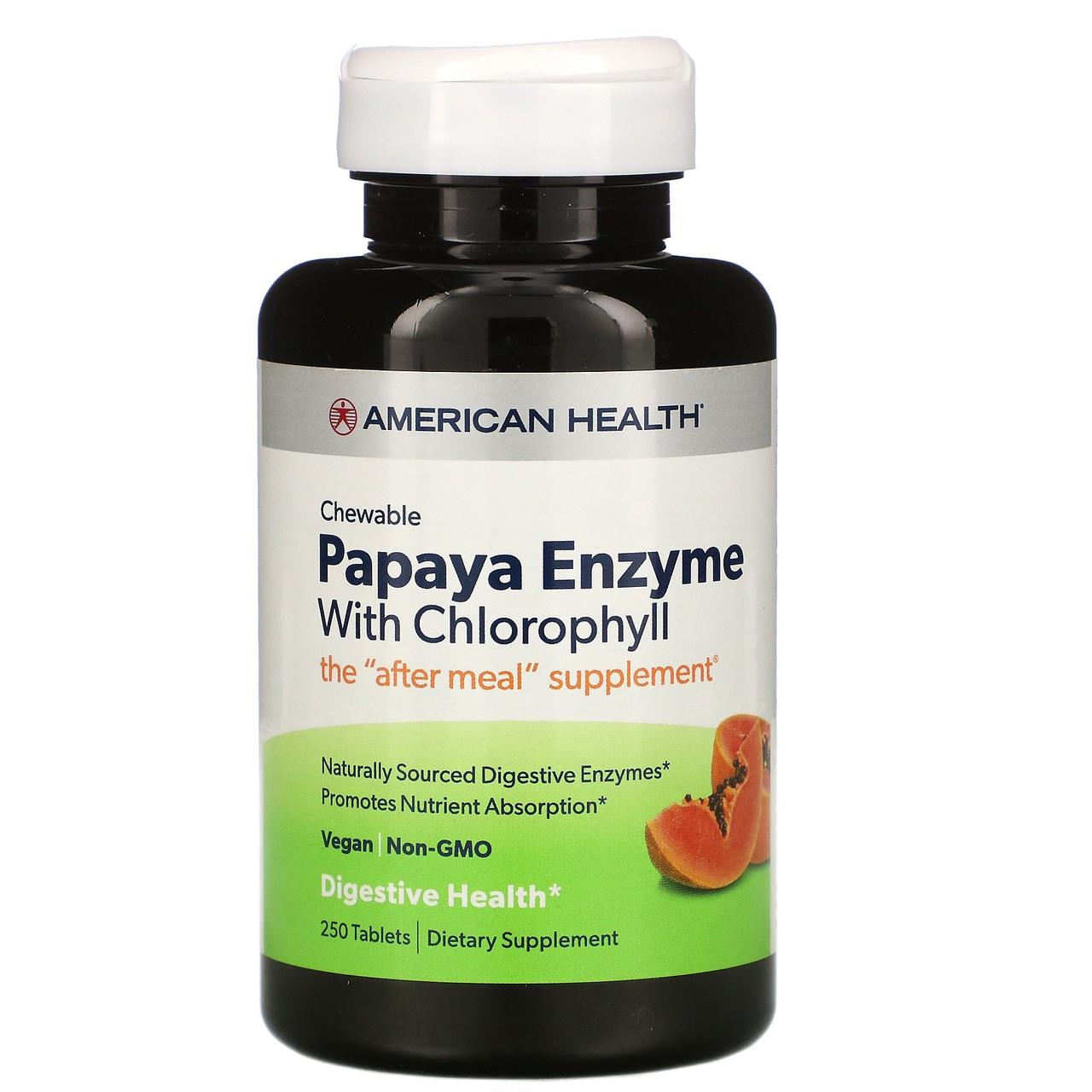 American Health, фермент папаї, з хлорофілом, 250 жувальних таблеток
