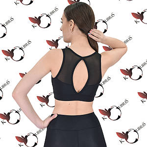 Жіночий тренувальний без чашек топік з чорного еластану та сітки 46