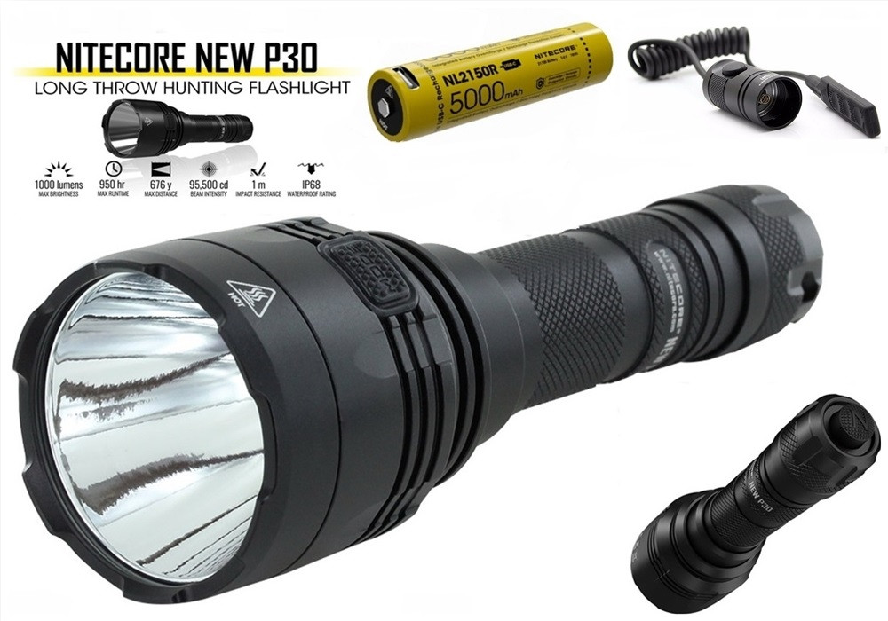 Тактичний ручний ліхтар NITECORE P30 NEW 1000LM+RSW3 виносна кнопка+usb NL2150R 21700*5000mAh, КОМПЛЕКТ, фото 1