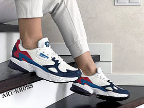 Жіночі спортивні кросівки Adidas Falcon шкіряні замшеві білі з синім і червоним