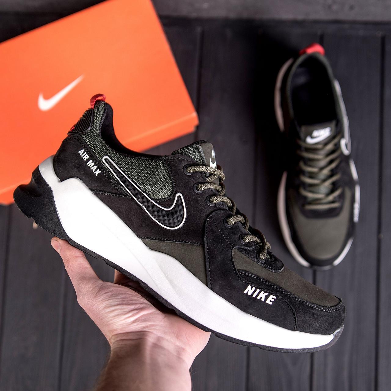 Чоловічі шкіряні кросівки nike чорно-оливкові з білою підошвою