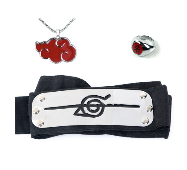 Набір аксесуарів Наруто: Пов'язка "Перекреслений Прихований Лист", кільце Шарінган, ланцюжок Акацукі, фото 1