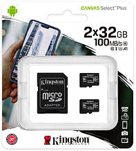 Картка пам'яті MicroSDHC 2х32GB UHS-I Class 10 Kingston Canvas Select Plus R100MB/s + SD Adapter