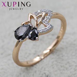 Колечко золотисте тонке Xuping Jewelry квіточок з чорними та білими фіанітами медичне золото 18K