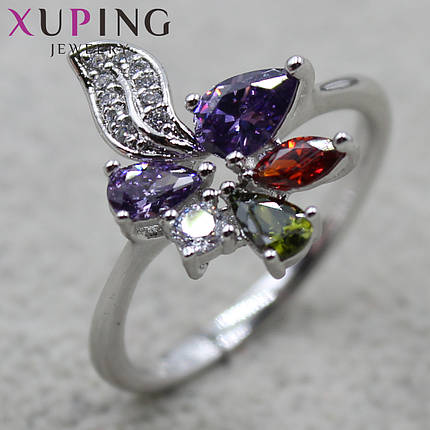 Кольцо серебристое Xuping Jewelry цветочек с разноцветными стразами медицинский сплав, фото 1