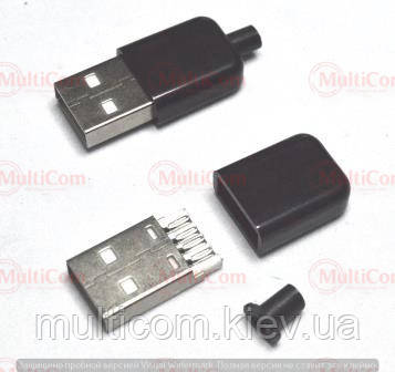 01-08-003BK. Штекер USB тип A під шнур, розбірний, корпус бакелит, чорний