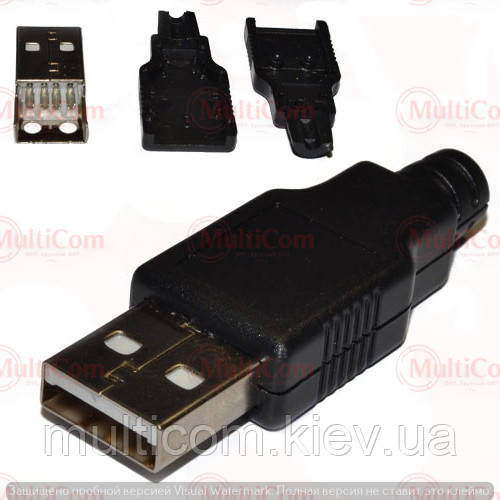 01-08-002. Штекер USB тип A під кабель, розбірний, корпус пластик, чорний