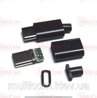 01-08-081BK. Штекер USB type C, під пайку, розбірний, бакеліт, чорний