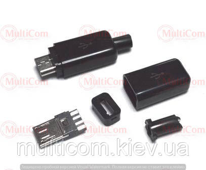 01-08-071BK. Штекер micro USB 5pin під кабель, корпус бакелит, чорний